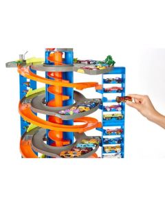 Hot Wheels City, Mega Garage, Pista de Juguete, con 1 Vehículo a Escala, con Ascensor Giratorio, 4+ Años